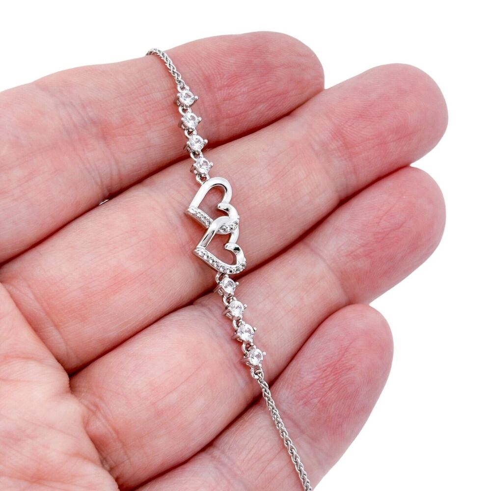 Vintage Sterling Silver 925 White Topaz Heart Slider Bracelet 4"-9"